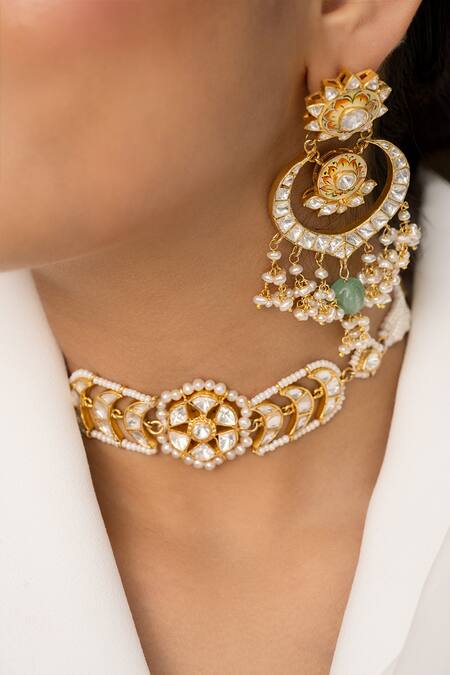 Buy_Osvag India_Gold Plated Crystals, Diamonds Polki Embellished Chandbali Earrings _Online_at_Aza_Fashions