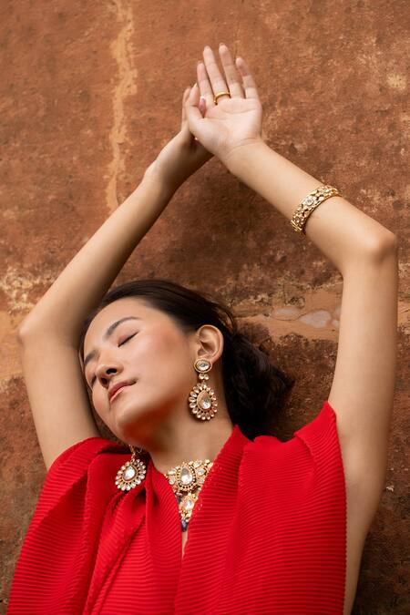 Osvag India_Gold Plated Crystals, Stones Tear Drop Cutwork Dangler Earrings _Online_at_Aza_Fashions