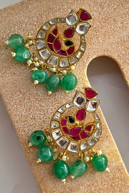 Osvag India_Gold Plated Crystals Peacock Polki Embellished Chandbalis _Online_at_Aza_Fashions