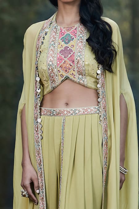 Buy Basanti - Kapde Aur Koffee Green Georgette Sequins, Embroidery Halter Neck Border Cape And Dhoti Pant Set Online at Aza Fashions Buy_Basanti - Kapde Aur Koffee_Green Georgette Sequins, Embroidery Halter Neck Border Cape And Dhoti Pant Set _Online_at_Aza_Fashions
