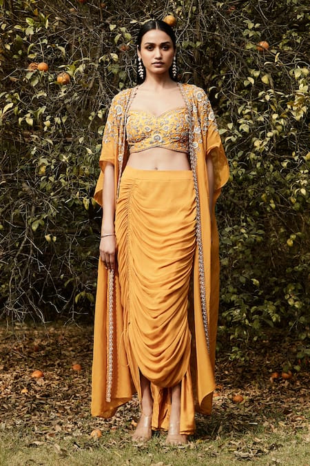 Basanti - Kapde Aur Koffee Orange Georgette Sequins, Cut Work, Floral Embroidered Cape And Dhoti Pant Set