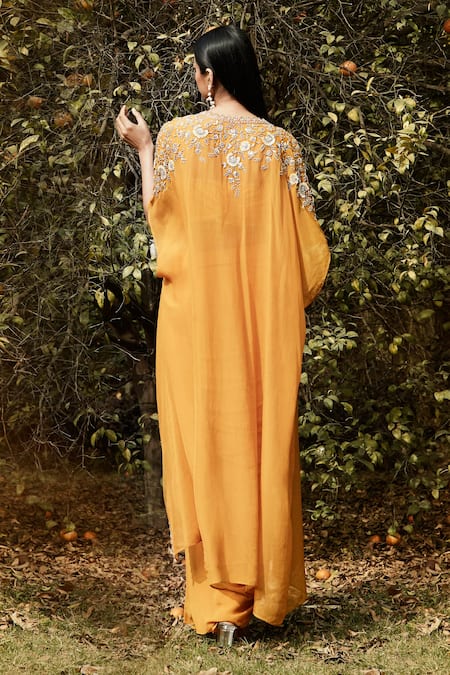 Shop_Basanti - Kapde Aur Koffee_Orange Georgette Sequins, Cut Work, Floral Embroidered Cape And Dhoti Pant Set _at_Aza_Fashions
