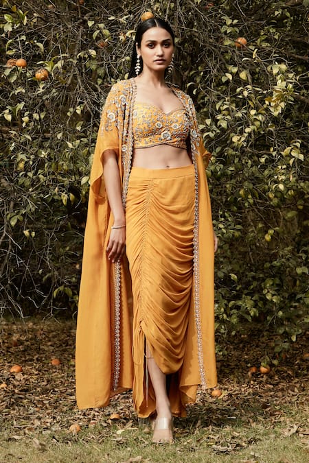 Basanti - Kapde Aur Koffee_Orange Georgette Sequins, Cut Work, Floral Embroidered Cape And Dhoti Pant Set _Online_at_Aza_Fashions