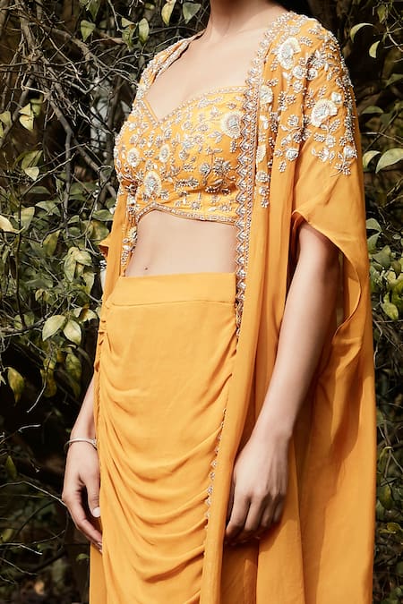 Buy_Basanti - Kapde Aur Koffee_Orange Georgette Sequins, Cut Work, Floral Embroidered Cape And Dhoti Pant Set _Online_at_Aza_Fashions