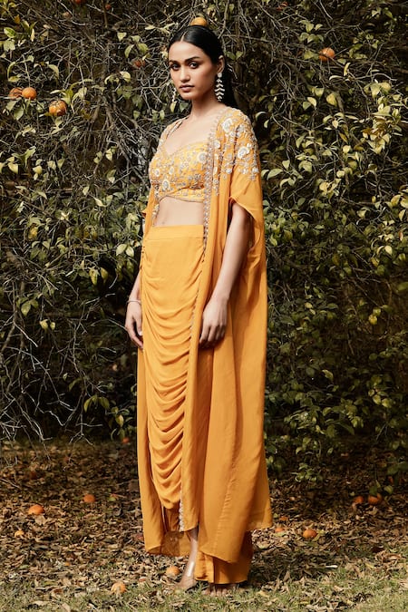 Shop_Basanti - Kapde Aur Koffee_Orange Georgette Sequins, Cut Work, Floral Embroidered Cape And Dhoti Pant Set _Online_at_Aza_Fashions