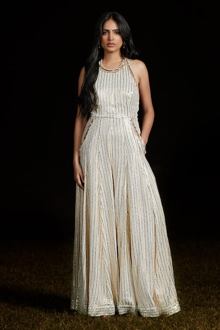 Basanti - Kapde Aur Koffee Ivory Georgette Embroidered Sequins Halter Neck Flared Jumpsuit 