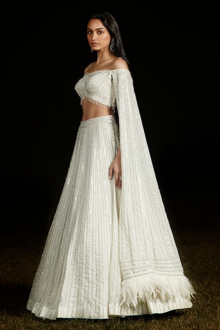 Buy_Basanti - Kapde Aur Koffee_Ivory Georgette Sequins, Tassels, Lehenga With Off Shoulder Draped Blouse_Online_at_Aza_Fashions