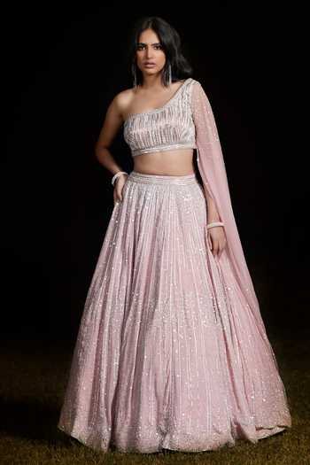 Basanti Kapde aur Koffee Sequin Lehenga & One Shoulder Draped Blouse 