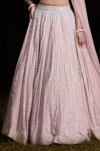 Basanti Kapde aur Koffee_Pink Georgette Sequins, Embroidery One Shoulder Lehenga And Draped Blouse _Online_at_Aza_Fashions