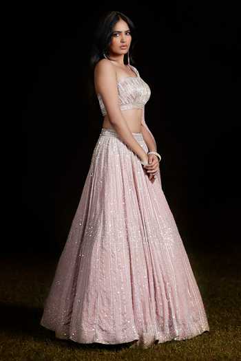 Buy_Basanti Kapde aur Koffee_Pink Georgette Sequins, Embroidery One Shoulder Lehenga And Draped Blouse _Online_at_Aza_Fashions