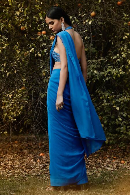 Shop Basanti - Kapde Aur Koffee Blue Organza Sequins, Cut Work Halter Pre-draped Saree With Embroidered Blouse at Aza Fashions Shop_Basanti - Kapde Aur Koffee_Blue Organza Sequins, Cut Work Halter Pre-draped Saree With Embroidered Blouse_at_Aza_Fashions