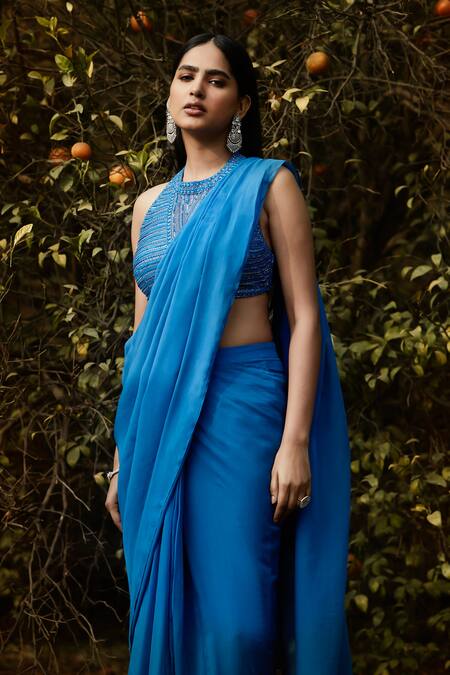 Shop Basanti - Kapde Aur Koffee Blue Organza Sequins, Cut Work Halter Pre-draped Saree With Embroidered Blouse Online at Aza Fashions Shop_Basanti - Kapde Aur Koffee_Blue Organza Sequins, Cut Work Halter Pre-draped Saree With Embroidered Blouse_Online_at_Aza_Fashions