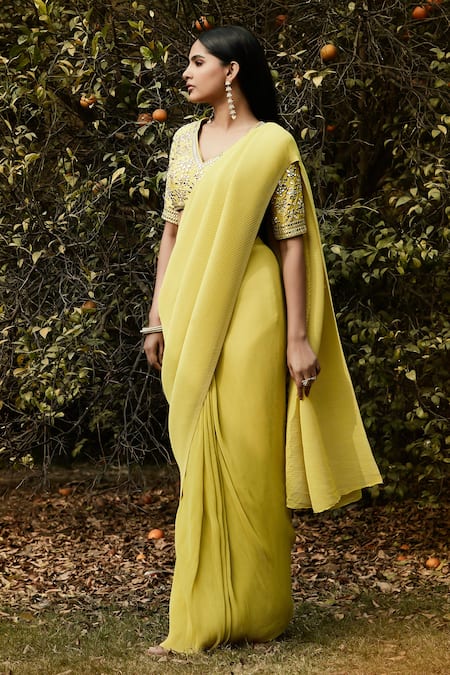 Basanti - Kapde Aur Koffee_Yellow Georgette Embroidery, Zari V-neck Pre-draped Pleated Saree With Blouse_Online_at_Aza_Fashions