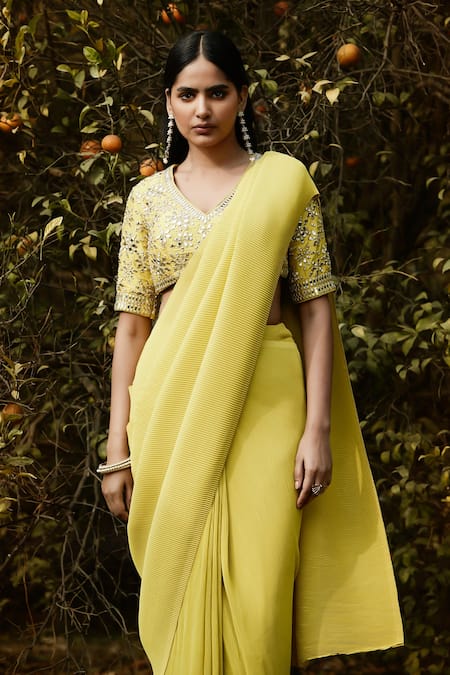 Shop_Basanti - Kapde Aur Koffee_Yellow Georgette Embroidery, Zari V-neck Pre-draped Pleated Saree With Blouse_Online_at_Aza_Fashions