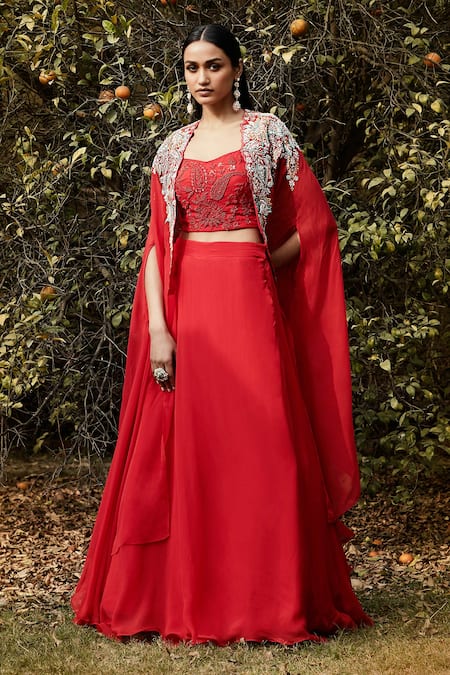 Basanti - Kapde Aur Koffee Red Organza Sequins, Beads, Embroidery Sweetheart Neck Cape And Lehenga Set Online at Aza Fashions Basanti - Kapde Aur Koffee_Red Organza Sequins, Beads, Embroidery Sweetheart Neck Cape And Lehenga Set _Online_at_Aza_Fashions