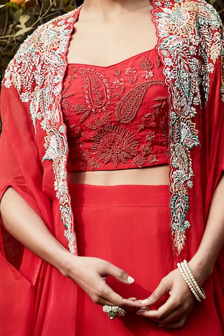 Buy Basanti - Kapde Aur Koffee Red Organza Sequins, Beads, Embroidery Sweetheart Neck Cape And Lehenga Set Online at Aza Fashions Buy_Basanti - Kapde Aur Koffee_Red Organza Sequins, Beads, Embroidery Sweetheart Neck Cape And Lehenga Set _Online_at_Aza_Fashions