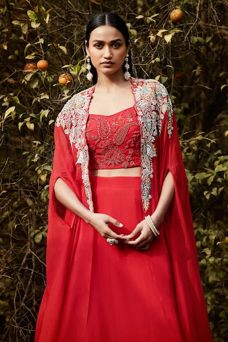 Shop Basanti - Kapde Aur Koffee Red Organza Sequins, Beads, Embroidery Sweetheart Neck Cape And Lehenga Set Online at Aza Fashions Shop_Basanti - Kapde Aur Koffee_Red Organza Sequins, Beads, Embroidery Sweetheart Neck Cape And Lehenga Set _Online_at_Aza_Fashions