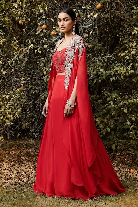 Basanti - Kapde Aur Koffee Red Organza Sequins, Beads, Embroidery Sweetheart Neck Cape And Lehenga Set at Aza Fashions Basanti - Kapde Aur Koffee_Red Organza Sequins, Beads, Embroidery Sweetheart Neck Cape And Lehenga Set _at_Aza_Fashions