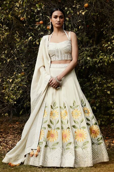 Basanti - Kapde Aur Koffee_Ivory Tissue, Organza Mirrors, Embroidery Sweetheart Neck Sunflower Lehenga Set_Online_at_Aza_Fashions