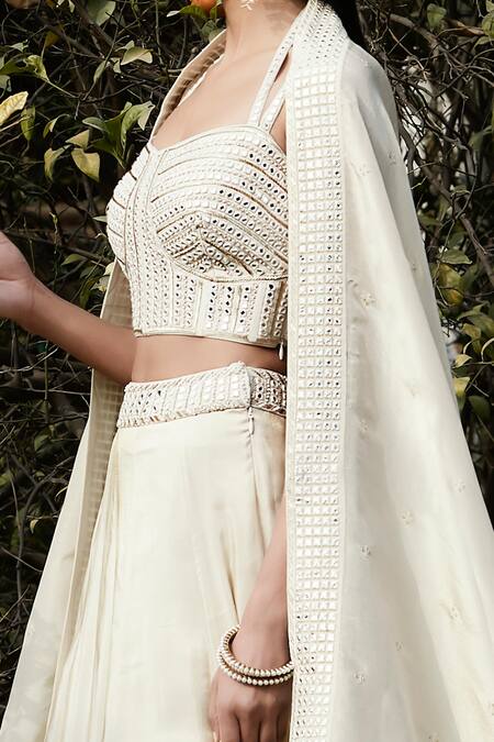 Shop_Basanti - Kapde Aur Koffee_Ivory Tissue, Organza Mirrors, Embroidery Sweetheart Neck Sunflower Lehenga Set_Online_at_Aza_Fashions