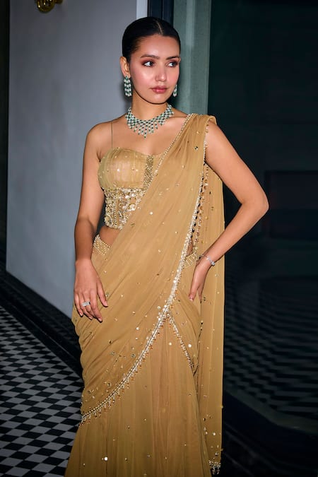 Shop_Label Sanya Gulati_Gold Georgette, Net Sequins, Beads, Embroidered Tiered Lehenga Saree With Blouse _Online_at_Aza_Fashions