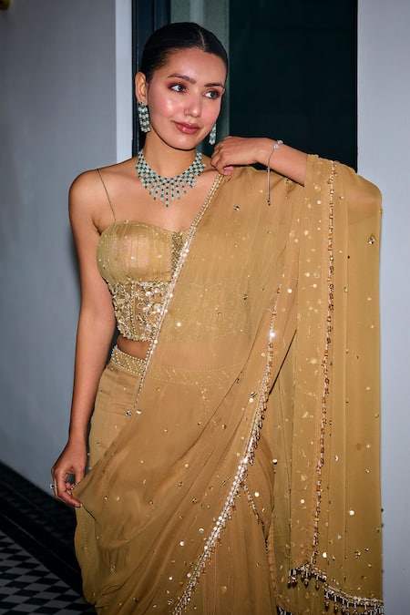 Buy_Label Sanya Gulati_Gold Georgette, Net Sequins, Beads, Embroidered Tiered Lehenga Saree With Blouse 