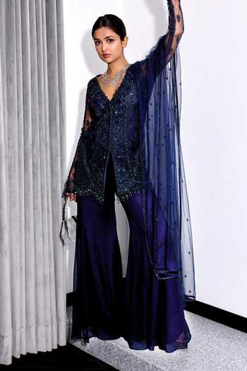 Label Sanya Gulati_Blue Net, Georgette, Linen Tassels, Tonal Embroidered Kurta Flared Pant Set _Online_at_Aza_Fashions