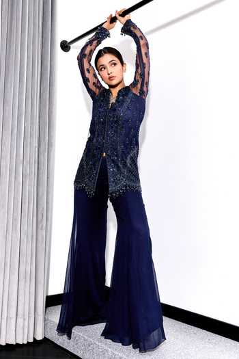 Buy_Label Sanya Gulati_Blue Net, Georgette, Linen Tassels, Tonal Embroidered Kurta Flared Pant Set _Online_at_Aza_Fashions