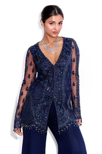 Label Sanya Gulati_Blue Net, Georgette, Linen Tassels, Tonal Embroidered Kurta Flared Pant Set _at_Aza_Fashions