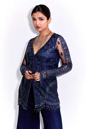 Buy_Label Sanya Gulati_Blue Net, Georgette, Linen Tassels, Tonal Embroidered Kurta Flared Pant Set 