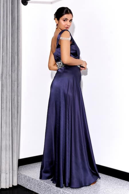 Buy_Label Sanya Gulati_Blue Net, Satin, Linen Sequins Waistband Embroidered Draped Corset Jumpsuit _Online_at_Aza_Fashions