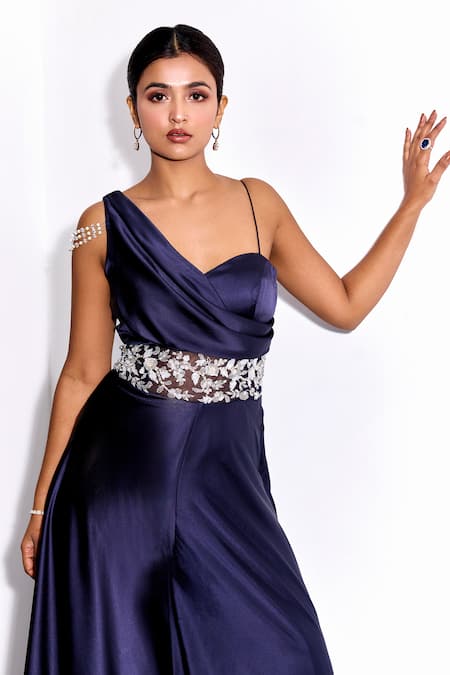 Shop_Label Sanya Gulati_Blue Net, Satin, Linen Sequins Waistband Embroidered Draped Corset Jumpsuit _Online_at_Aza_Fashions
