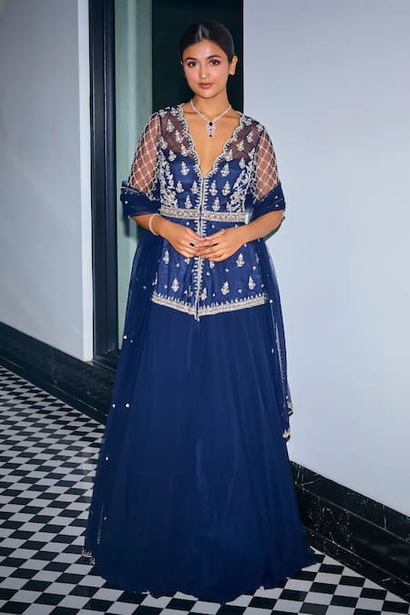 Label Sanya Gulati_Blue Net, Georgette, Linen Cut Work, Stone Embroidered Peplum Kurta Skirt Set _Online_at_Aza_Fashions