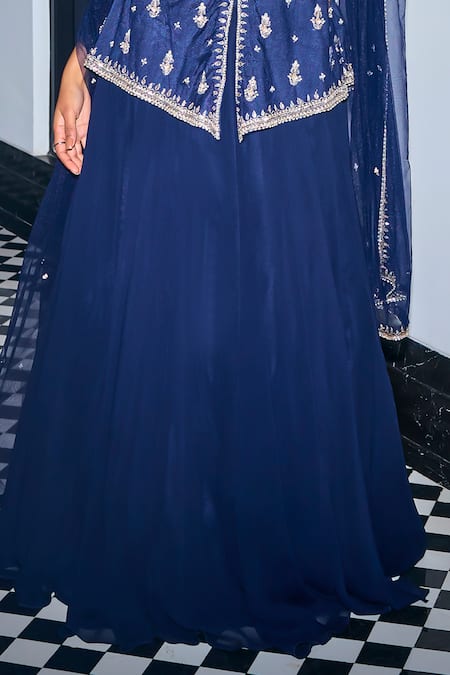 Buy_Label Sanya Gulati_Blue Net, Georgette, Linen Cut Work, Stone Embroidered Peplum Kurta Skirt Set _Online_at_Aza_Fashions