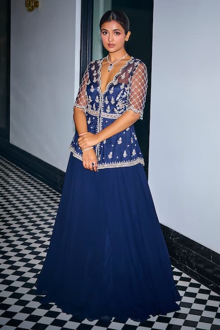 Shop_Label Sanya Gulati_Blue Net, Georgette, Linen Cut Work, Stone Embroidered Peplum Kurta Skirt Set _Online_at_Aza_Fashions