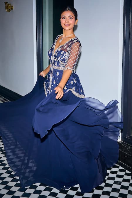 Label Sanya Gulati_Blue Net, Georgette, Linen Cut Work, Stone Embroidered Peplum Kurta Skirt Set _at_Aza_Fashions