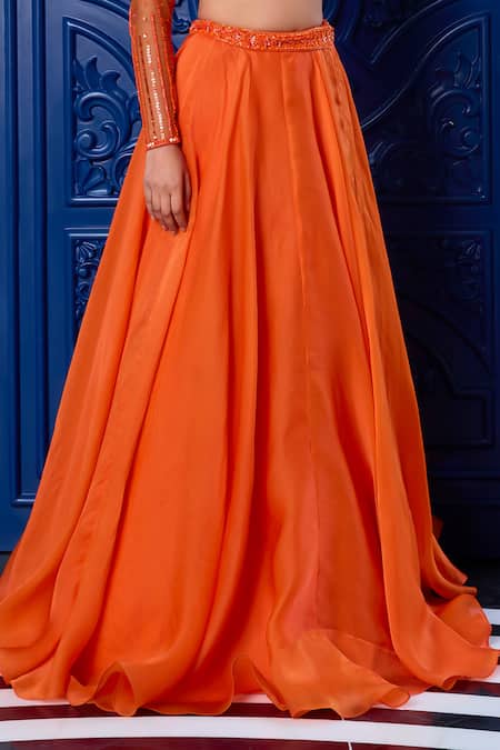 Buy_Label Sanya Gulati_Orange Net, Silk Organza Sequins, Waistband Embroidered Lehenga Blouse Set _Online_at_Aza_Fashions