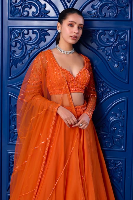Shop_Label Sanya Gulati_Orange Net, Silk Organza Sequins, Waistband Embroidered Lehenga Blouse Set _Online_at_Aza_Fashions
