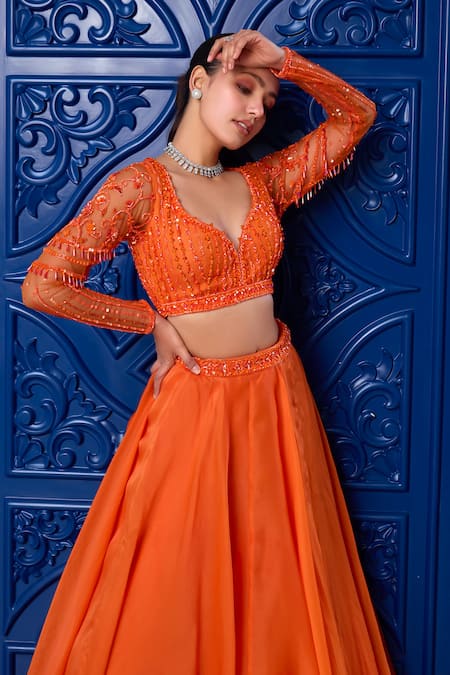 Label Sanya Gulati_Orange Net, Silk Organza Sequins, Waistband Embroidered Lehenga Blouse Set _at_Aza_Fashions