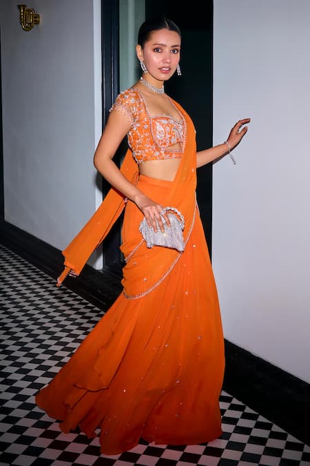 Label Sanya Gulati_Orange Net, Georgette Cut Work, Embroidered Pre-draped Saree With Blouse _Online_at_Aza_Fashions