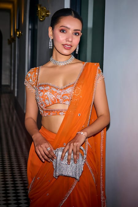 Buy_Label Sanya Gulati_Orange Net, Georgette Cut Work, Embroidered Pre-draped Saree With Blouse _Online_at_Aza_Fashions