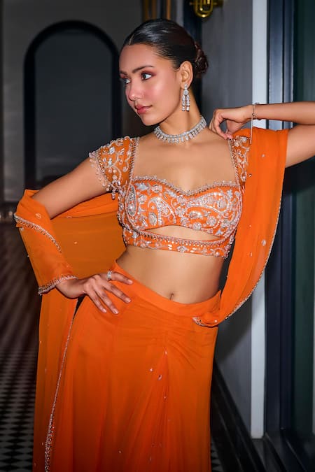 Shop_Label Sanya Gulati_Orange Net, Georgette Cut Work, Embroidered Pre-draped Saree With Blouse _Online_at_Aza_Fashions
