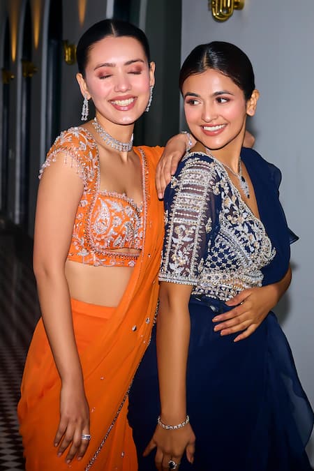 Label Sanya Gulati_Orange Net, Georgette Cut Work, Embroidered Pre-draped Saree With Blouse _at_Aza_Fashions