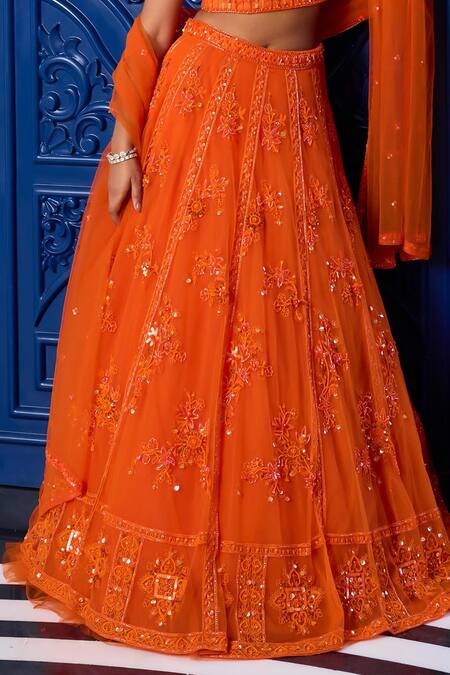 Label Sanya Gulati_Orange Net, Linen Sequins, Cut Work Floral Cutdana Embroidered Lehenga Set _Online_at_Aza_Fashions