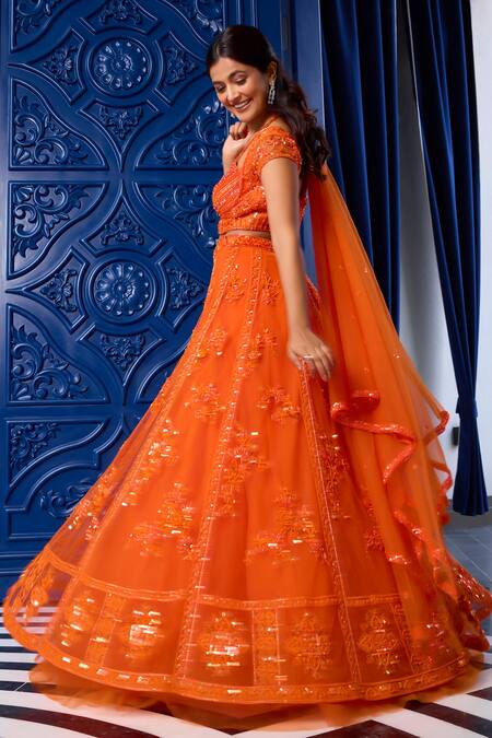 Label Sanya Gulati_Orange Net, Linen Sequins, Cut Work Floral Cutdana Embroidered Lehenga Set _at_Aza_Fashions