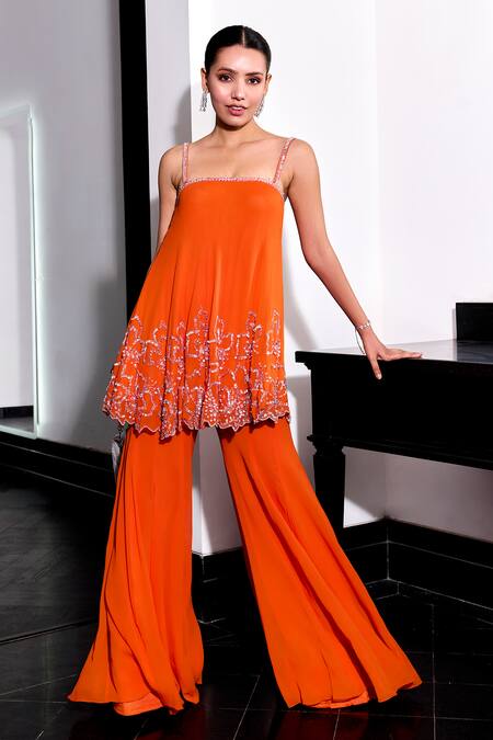 Shop Label Sanya Gulati Orange Georgette Sequins Square Neck Embroidered Top And Bell Bottom Pant Set Online at Aza Fashions Shop_Label Sanya Gulati_Orange Georgette Sequins Square Neck Embroidered Top And Bell Bottom Pant Set _Online_at_Aza_Fashions