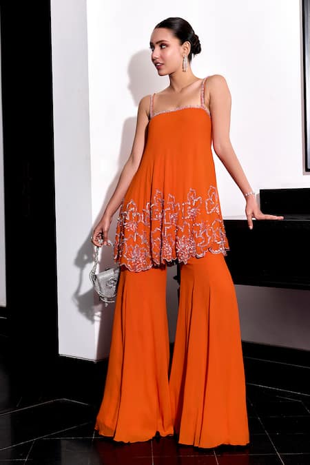 Label Sanya Gulati Orange Georgette Sequins Square Neck Embroidered Top And Bell Bottom Pant Set at Aza Fashions Label Sanya Gulati_Orange Georgette Sequins Square Neck Embroidered Top And Bell Bottom Pant Set _at_Aza_Fashions