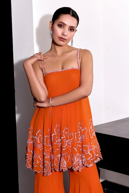 Buy Label Sanya Gulati Orange Georgette Sequins Square Neck Embroidered Top And Bell Bottom Pant Set Buy_Label Sanya Gulati_Orange Georgette Sequins Square Neck Embroidered Top And Bell Bottom Pant Set