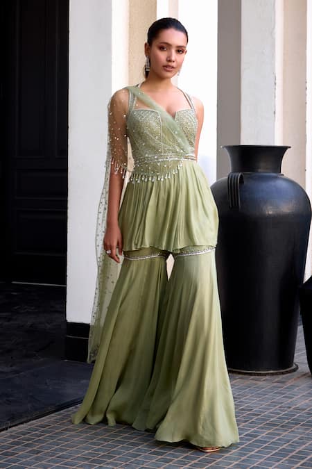Shop Label Sanya Gulati Green Net, Georgette, Linen Crystals, Embroidery Peplum Kurta And Sharara Set at Aza Fashions Shop_Label Sanya Gulati_Green Net, Georgette, Linen Crystals, Embroidery Peplum Kurta And Sharara Set _at_Aza_Fashions