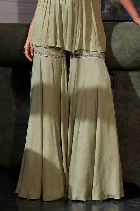 Label Sanya Gulati Green Net, Georgette, Linen Crystals, Embroidery Peplum Kurta And Sharara Set Online at Aza Fashions Label Sanya Gulati_Green Net, Georgette, Linen Crystals, Embroidery Peplum Kurta And Sharara Set _Online_at_Aza_Fashions